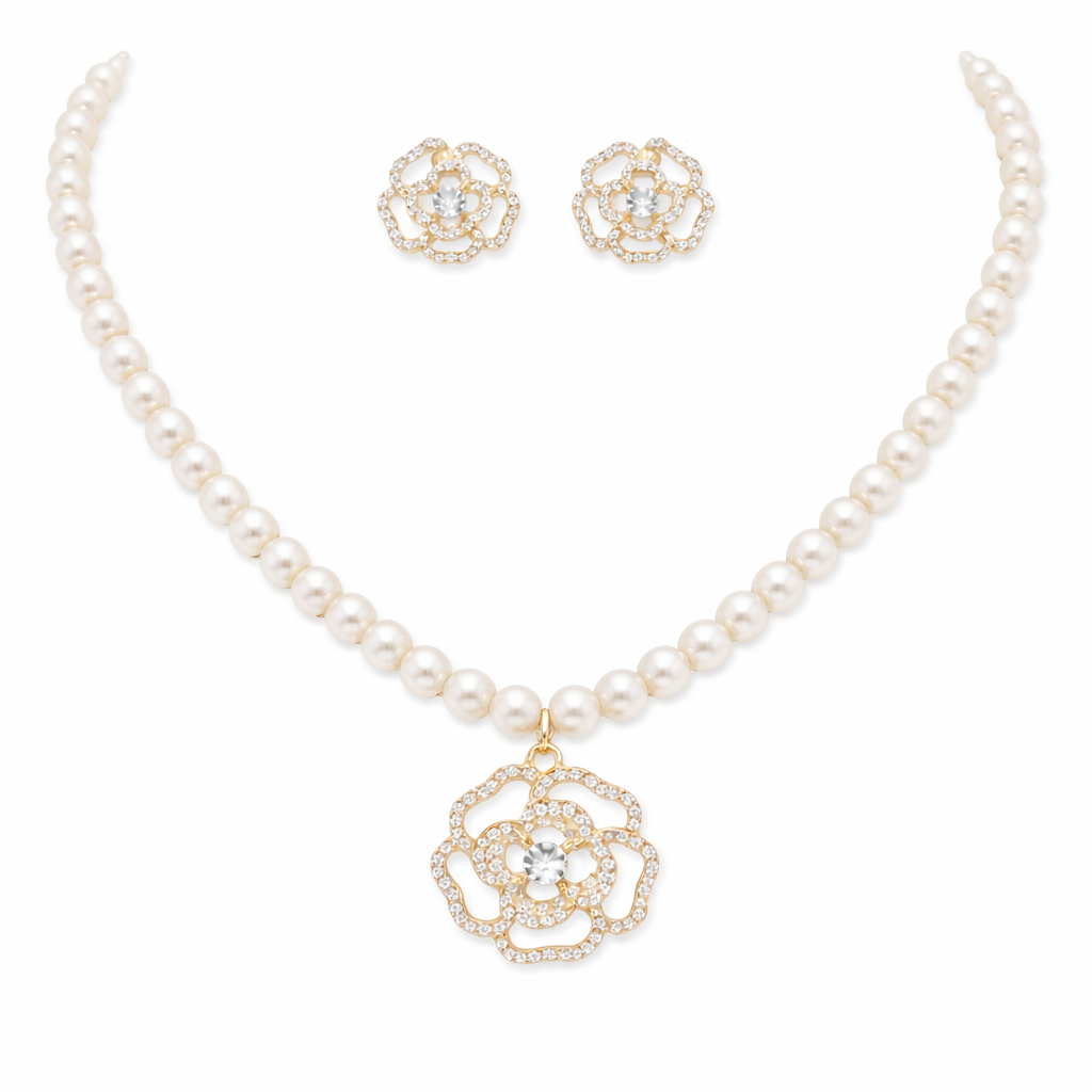 Crystal Rose Cutout Pendant Pearl Necklace Set