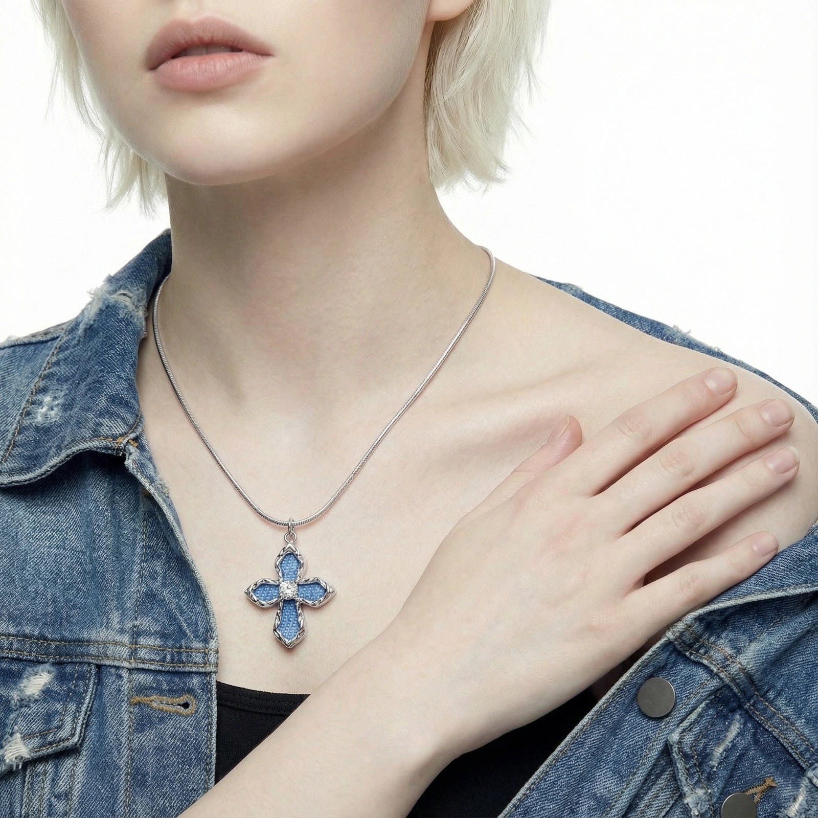 Denim Cross Necklace - No Hustle Mom Jewelry