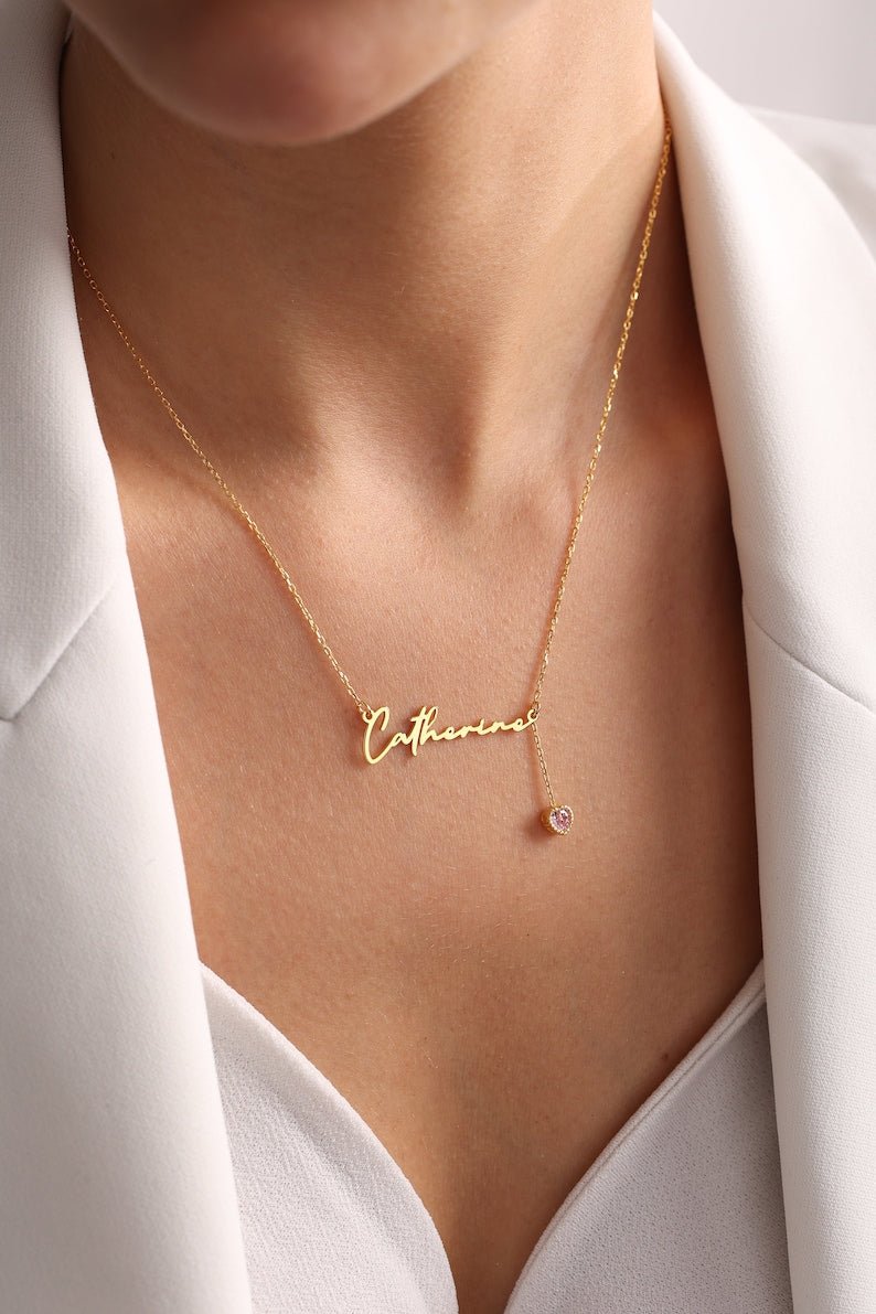 Personalized Name Necklace with Birthstone in Cursive Script - No Hustle Mom Jewelry